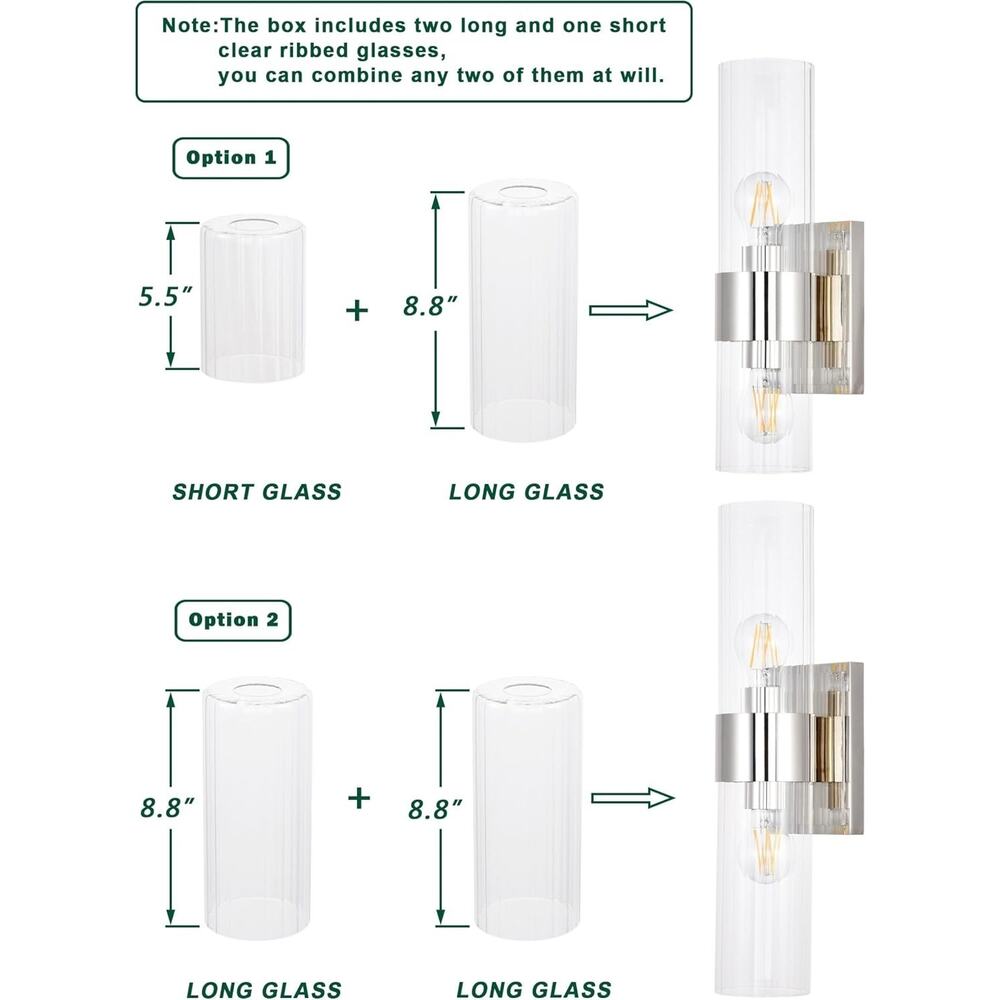 2-Light Polished Nickel Bathroom Vanity Light Clear Ribbed Glass Sconce - Picture 5 of 8